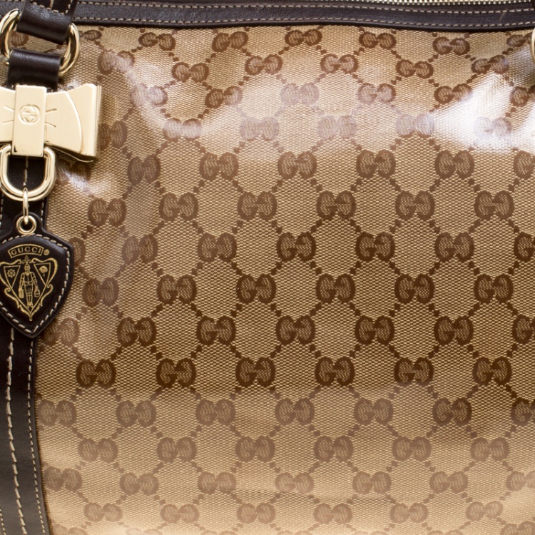 Pre Owned Gucci Beige/Brown GG Crystal Canvas and Leather Large Duchessa Boston Bag