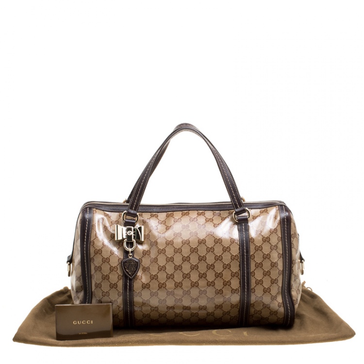 Pre Owned Gucci Beige/Brown GG Crystal Canvas and Leather Large Duchessa Boston Bag