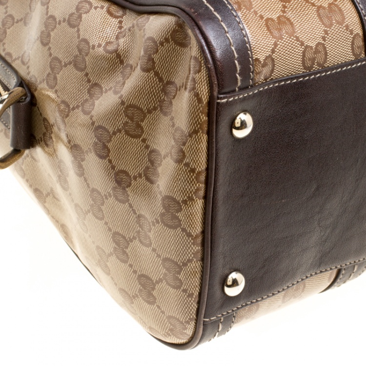 Pre Owned Gucci Beige/Brown GG Crystal Canvas and Leather Large Duchessa Boston Bag