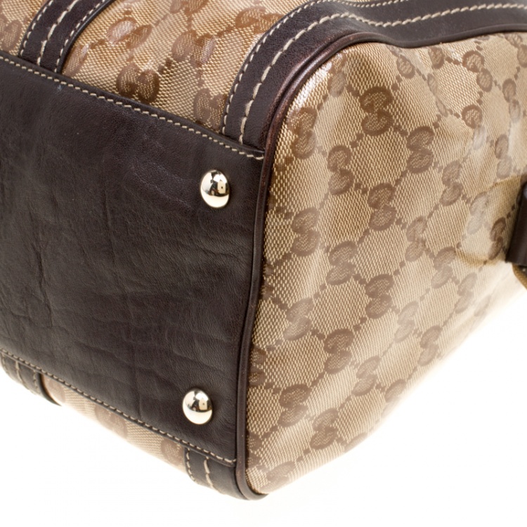 Pre Owned Gucci Beige/Brown GG Crystal Canvas and Leather Large Duchessa Boston Bag