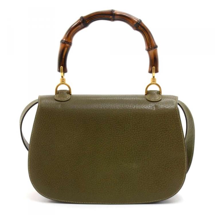 Pre Owned Gucci Olive Green Leather Bamboo Top Handle Bag