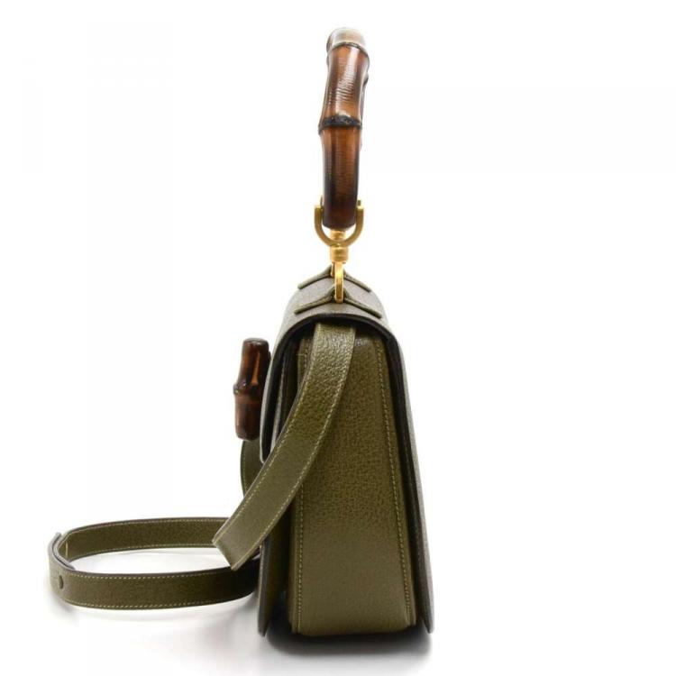 Pre Owned Gucci Olive Green Leather Bamboo Top Handle Bag