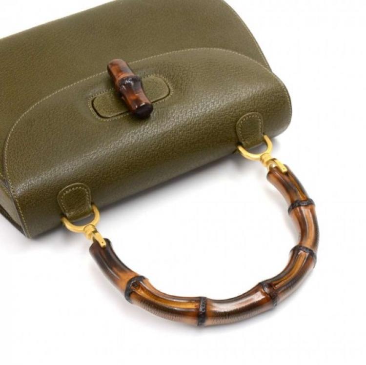 Pre Owned Gucci Olive Green Leather Bamboo Top Handle Bag