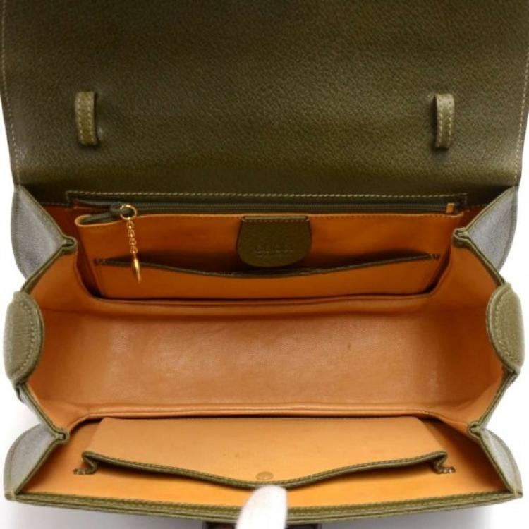 Pre Owned Gucci Olive Green Leather Bamboo Top Handle Bag