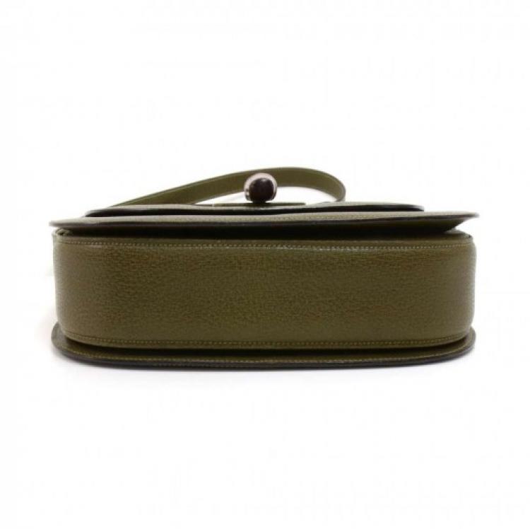 Pre Owned Gucci Olive Green Leather Bamboo Top Handle Bag