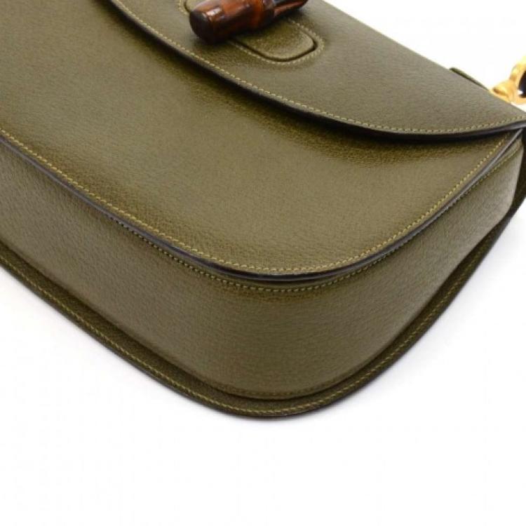 Pre Owned Gucci Olive Green Leather Bamboo Top Handle Bag