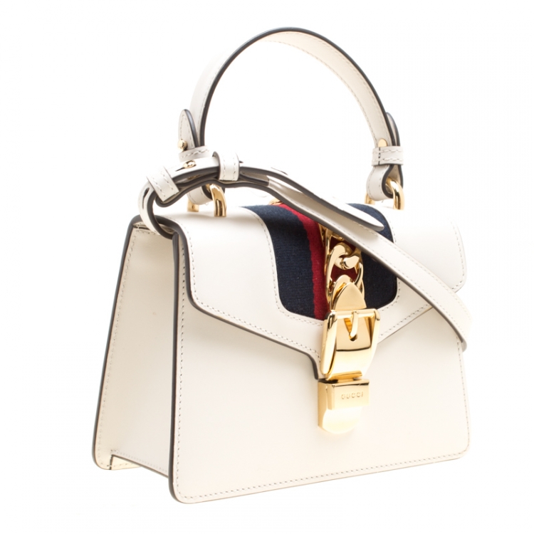 Pre Owned Gucci Off White Leather Mini Sylvie Top Handle Bag 