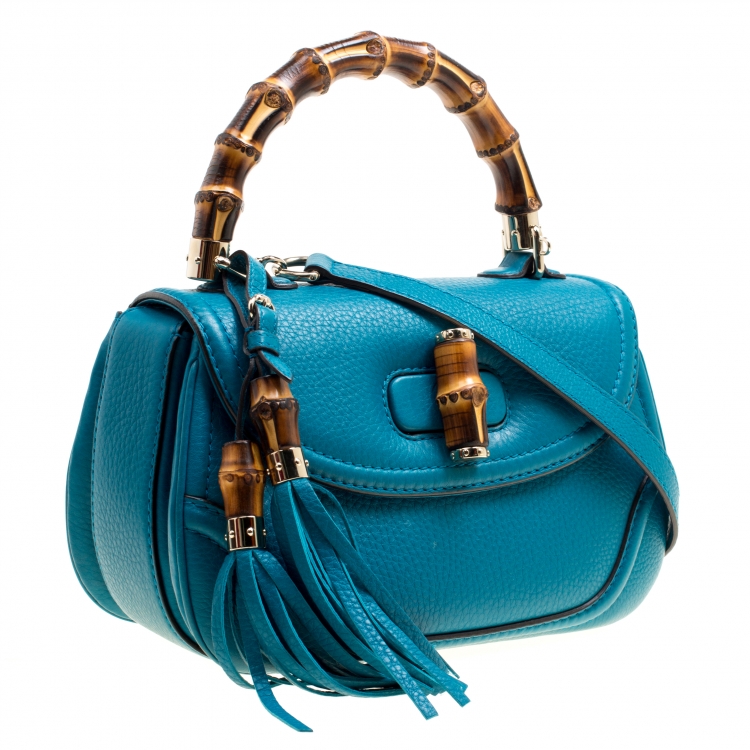 Pre Owned Gucci Teal Blue Leather Tassel New Bamboo Top Handle Bag