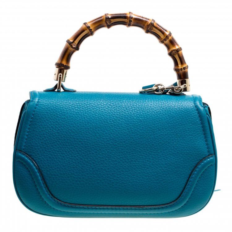 Pre Owned Gucci Teal Blue Leather Tassel New Bamboo Top Handle Bag