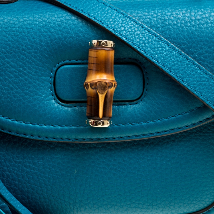 Pre Owned Gucci Teal Blue Leather Tassel New Bamboo Top Handle Bag