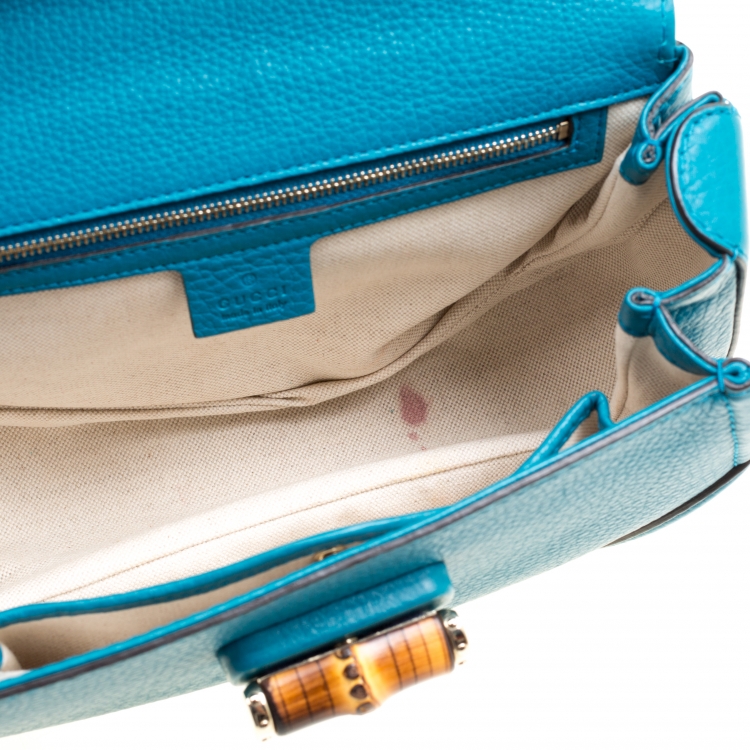 Pre Owned Gucci Teal Blue Leather Tassel New Bamboo Top Handle Bag