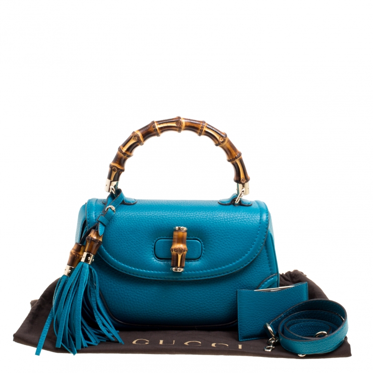 Pre Owned Gucci Teal Blue Leather Tassel New Bamboo Top Handle Bag