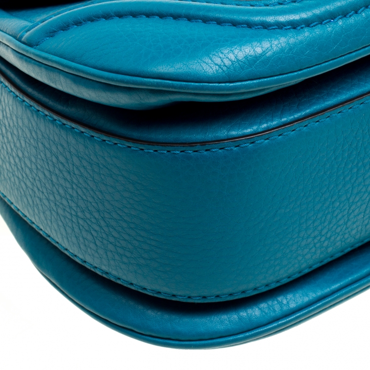 Pre Owned Gucci Teal Blue Leather Tassel New Bamboo Top Handle Bag