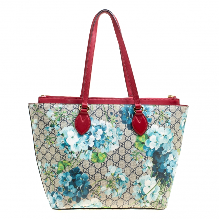 Pre Owned Gucci Multicolor/Red Bloom Print Supreme Canvas and Leather Shopper Tote