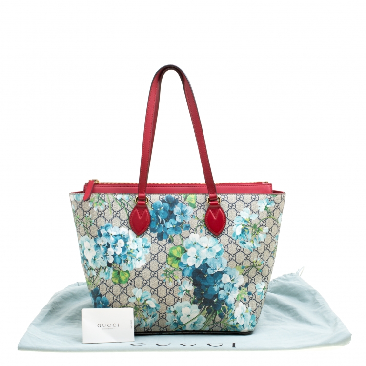 Pre Owned Gucci Multicolor/Red Bloom Print Supreme Canvas and Leather Shopper Tote