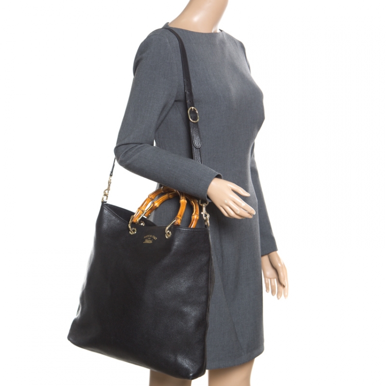 Pre Owned Gucci Black Leather Bamboo Top Handle Bag