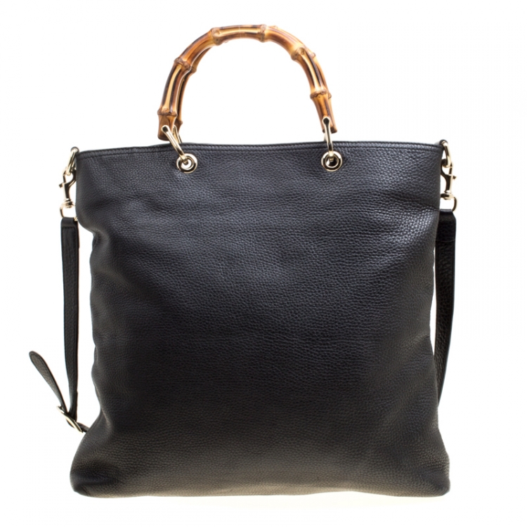 Pre Owned Gucci Black Leather Bamboo Top Handle Bag
