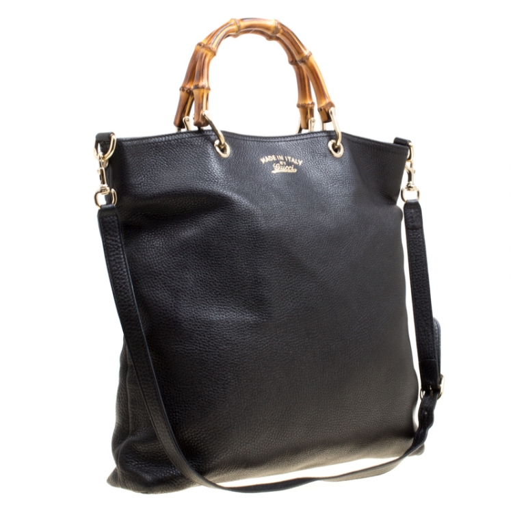 Pre Owned Gucci Black Leather Bamboo Top Handle Bag
