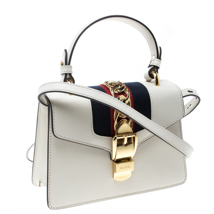 Pre Owned Gucci Off White Leather Mini Sylvie Top Handle Bag 