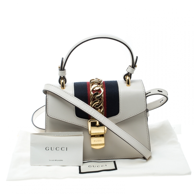 Pre Owned Gucci Off White Leather Mini Sylvie Top Handle Bag 