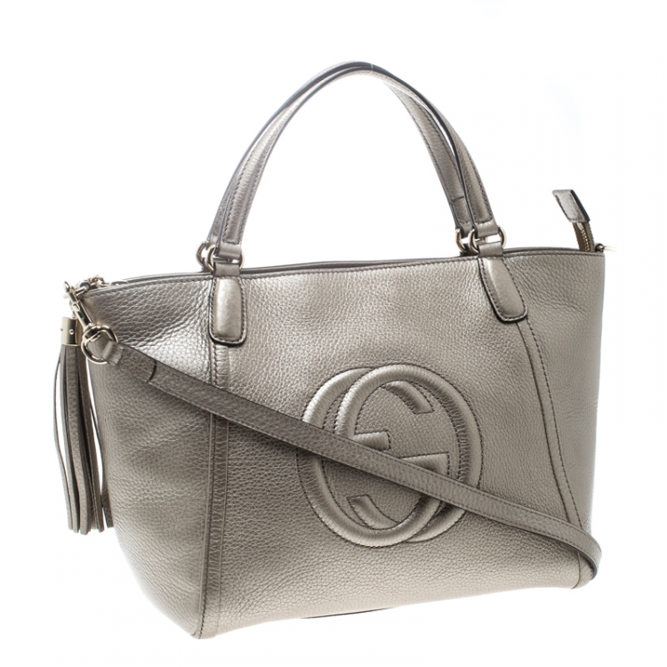 Pre Owned Gucci Metallic Beige Leather Soho Top Handle Bag