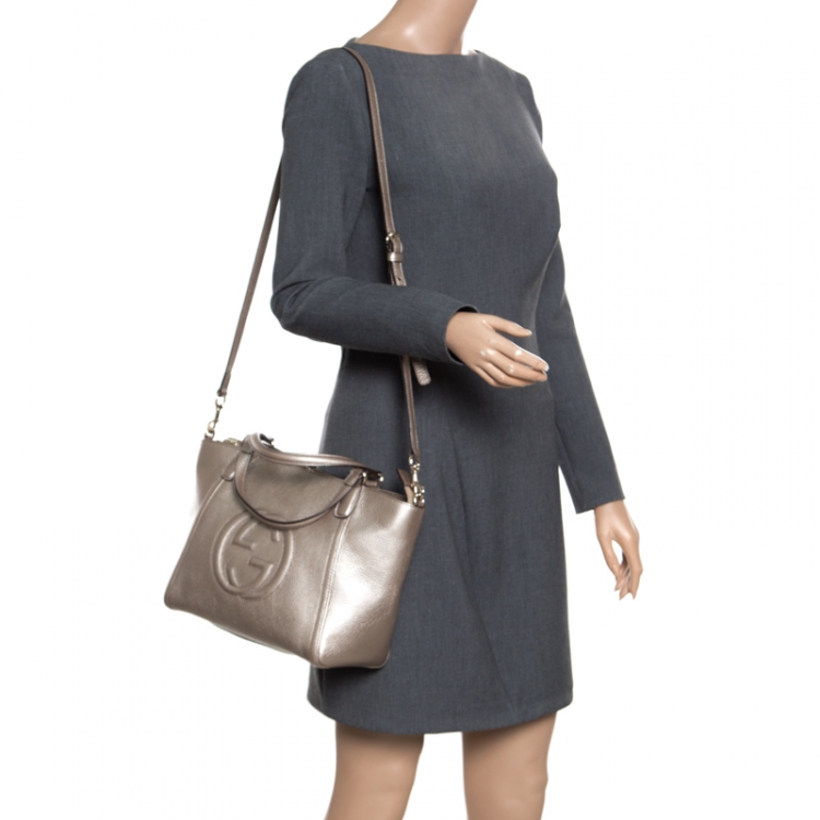 Pre Owned Gucci Metallic Beige Leather Soho Top Handle Bag