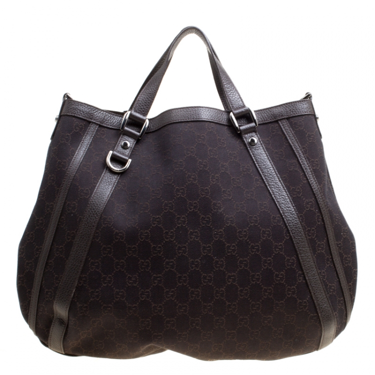Pre Owned Gucci Dark Brown GG Canvas and Leather Medium Abbey Top Handle Bag