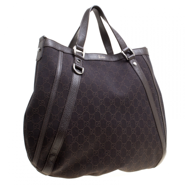 Pre Owned Gucci Dark Brown GG Canvas and Leather Medium Abbey Top Handle Bag