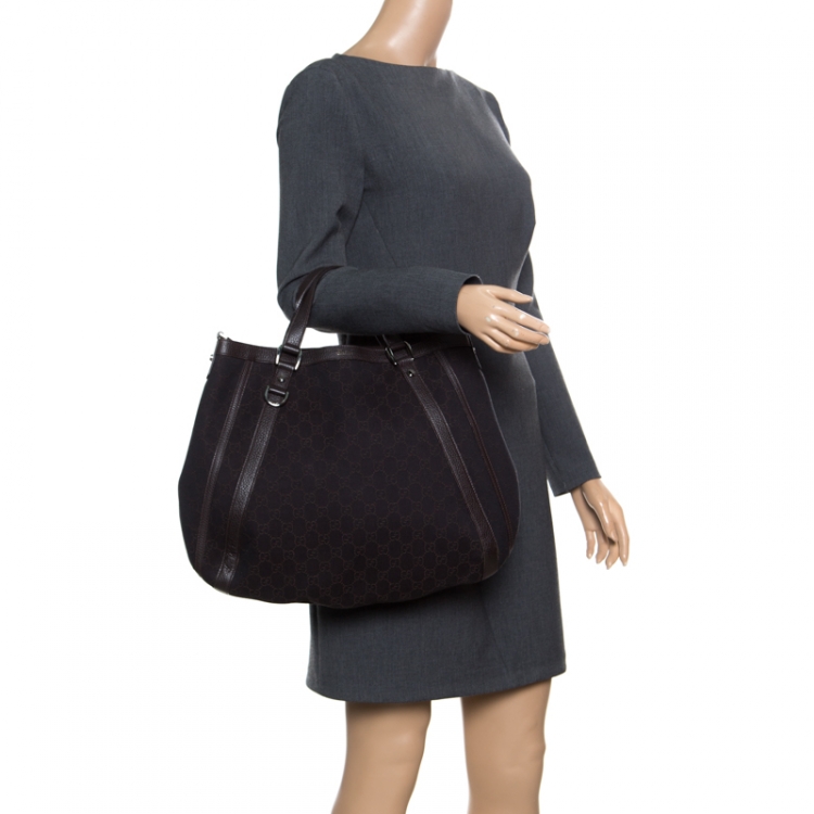 Pre Owned Gucci Dark Brown GG Canvas and Leather Medium Abbey Top Handle Bag