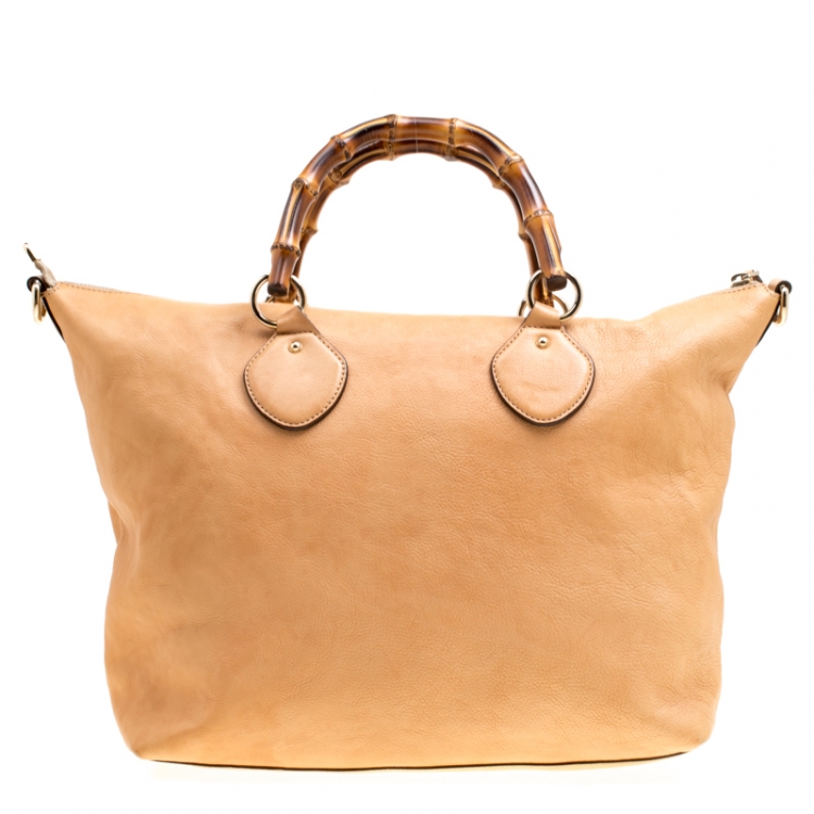 Pre Owned Gucci Beige Leather Bamboo Top Handle Bag