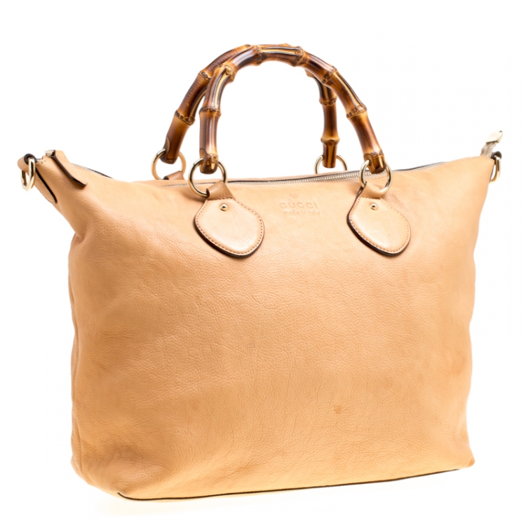 Pre Owned Gucci Beige Leather Bamboo Top Handle Bag