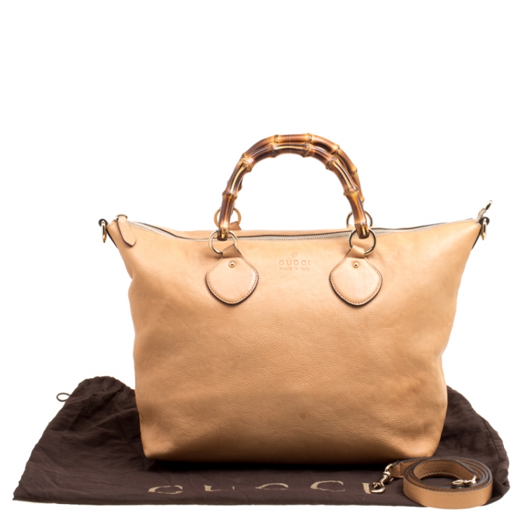 Pre Owned Gucci Beige Leather Bamboo Top Handle Bag