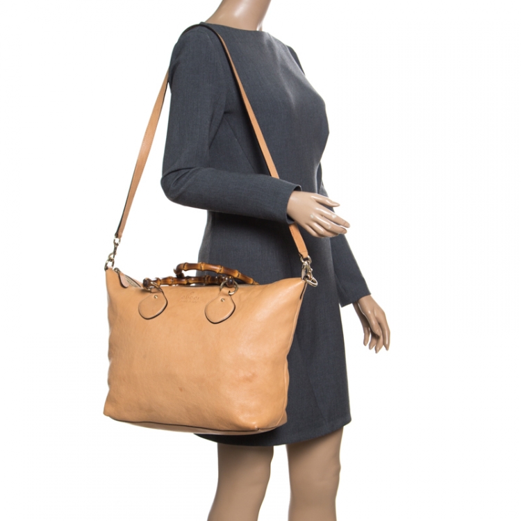 Pre Owned Gucci Beige Leather Bamboo Top Handle Bag