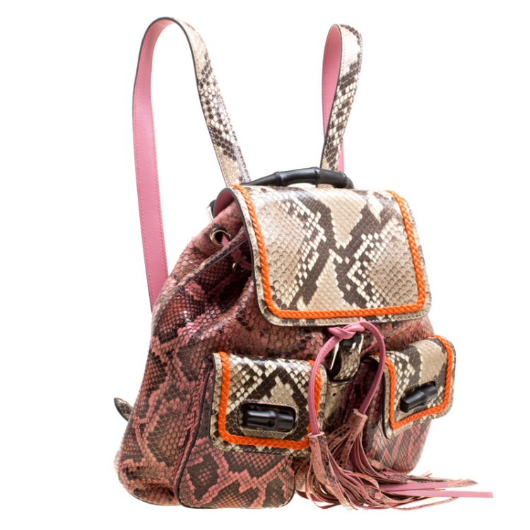 Pre Owned Gucci Pink/Multicolor Python Bamboo Drawstring Backpack