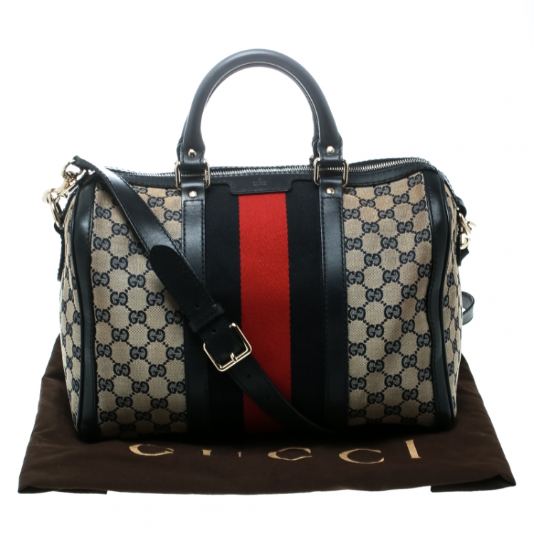 Pre Owned Gucci Blue/Beige GG Canvas Medium Vintage Web Boston Bag