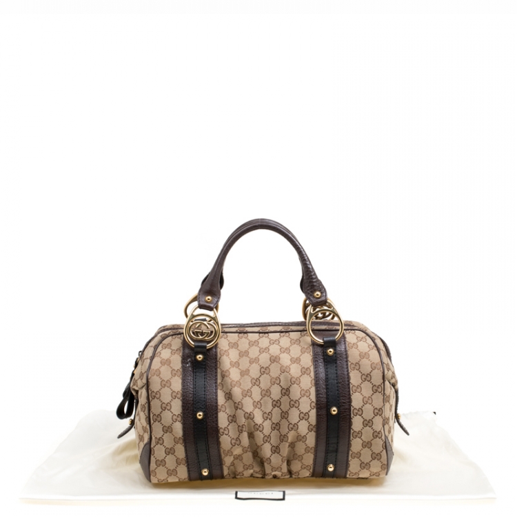 Pre Owned Gucci Beige/Brown GG Canvas and Leather Interlocking Boston Bag