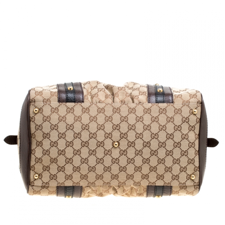Pre Owned Gucci Beige/Brown GG Canvas and Leather Interlocking Boston Bag