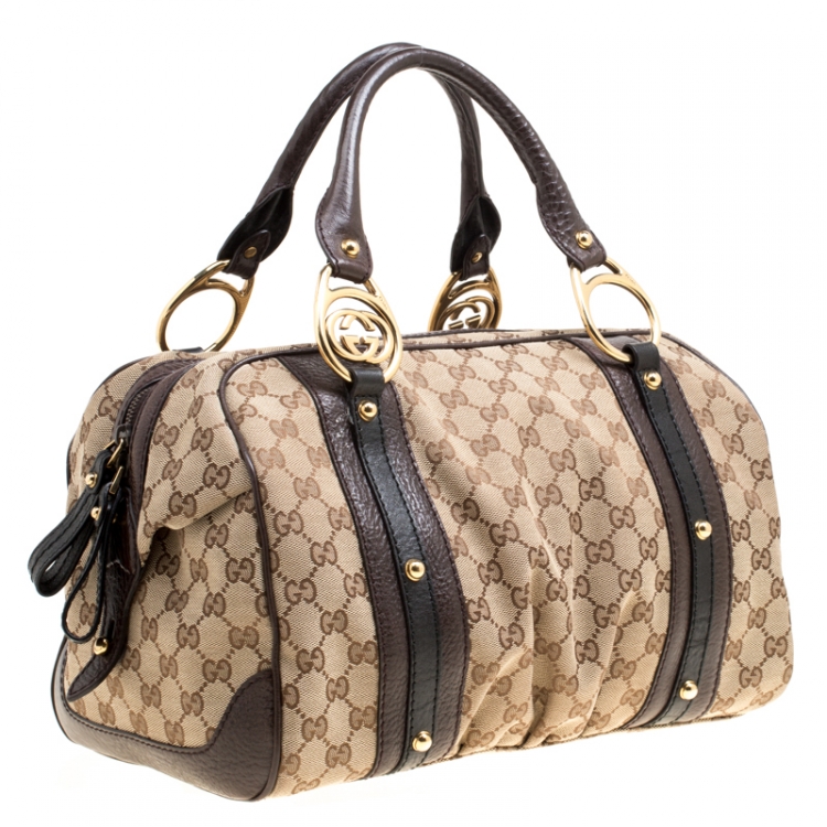 Pre Owned Gucci Beige/Brown GG Canvas and Leather Interlocking Boston Bag