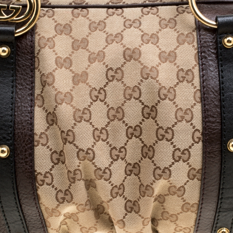 Pre Owned Gucci Beige/Brown GG Canvas and Leather Interlocking Boston Bag