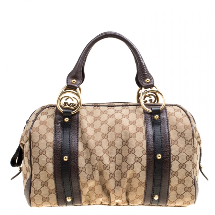 Pre Owned Gucci Beige/Brown GG Canvas and Leather Interlocking Boston Bag