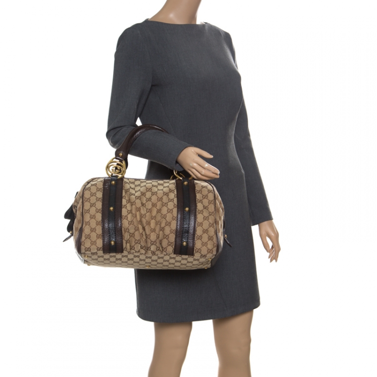Pre Owned Gucci Beige/Brown GG Canvas and Leather Interlocking Boston Bag