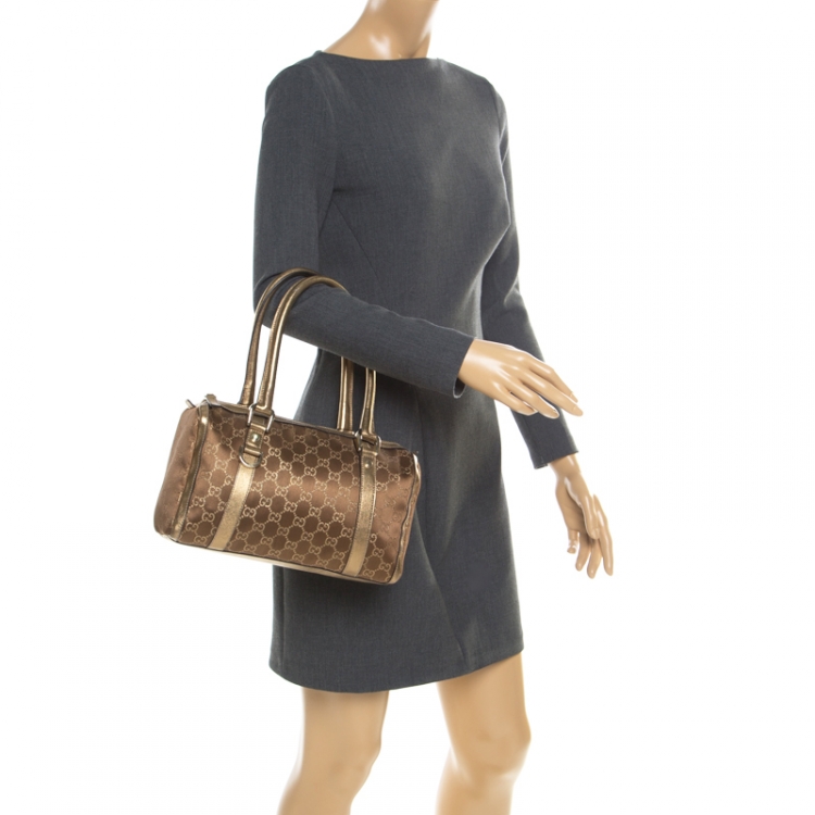 Pre Owned Gucci Metallic Gold GG Fabric D Ring Boston Bag