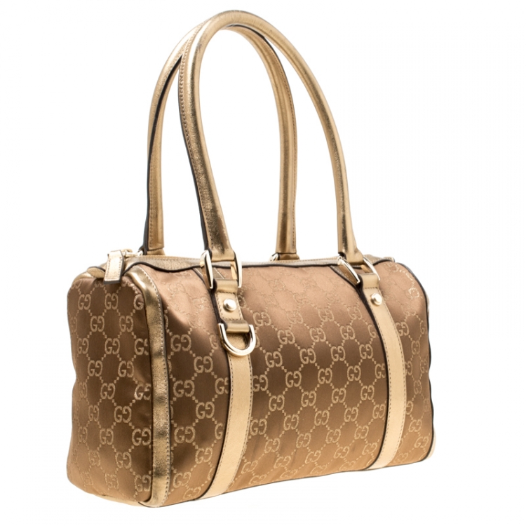 Pre Owned Gucci Metallic Gold GG Fabric D Ring Boston Bag