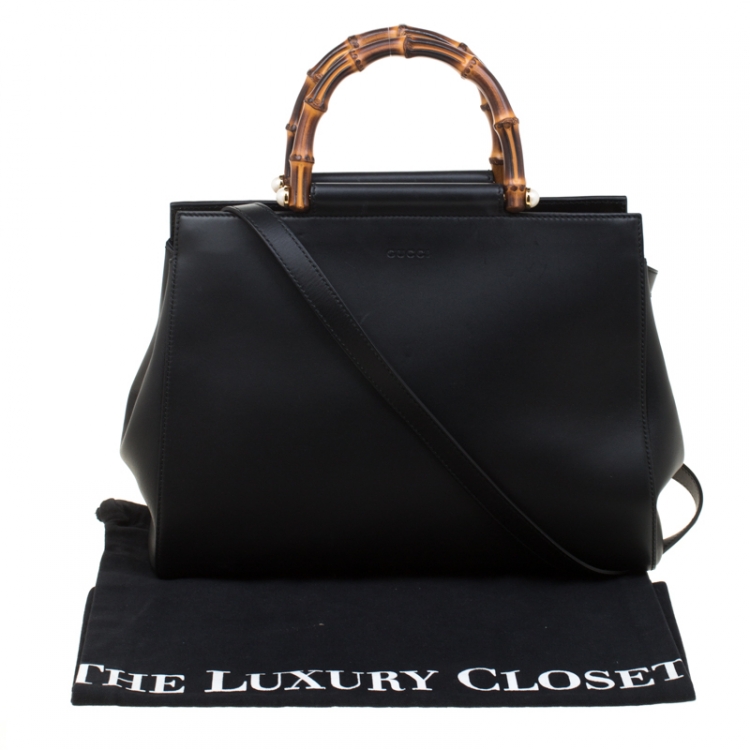 Pre Owned Gucci Black Leather Nymphaea Top Handle Bag