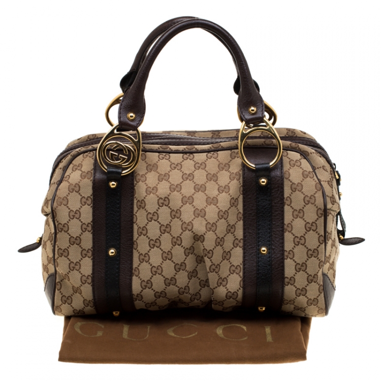 Pre Owned Gucci Beige/Brown GG Canvas and Leather Interlocking Boston Bag