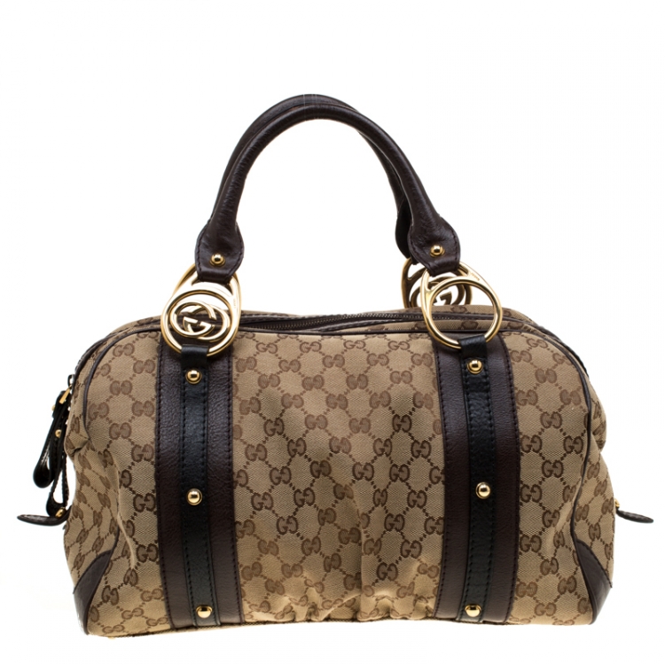 Pre Owned Gucci Beige/Brown GG Canvas and Leather Interlocking Boston Bag