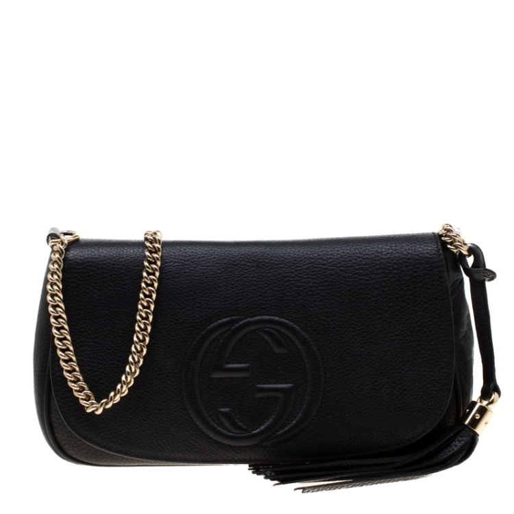  Gucci Soho Leather Flap Shoulder Bag Black Gold Tassel New  Authentic : Everything Else
