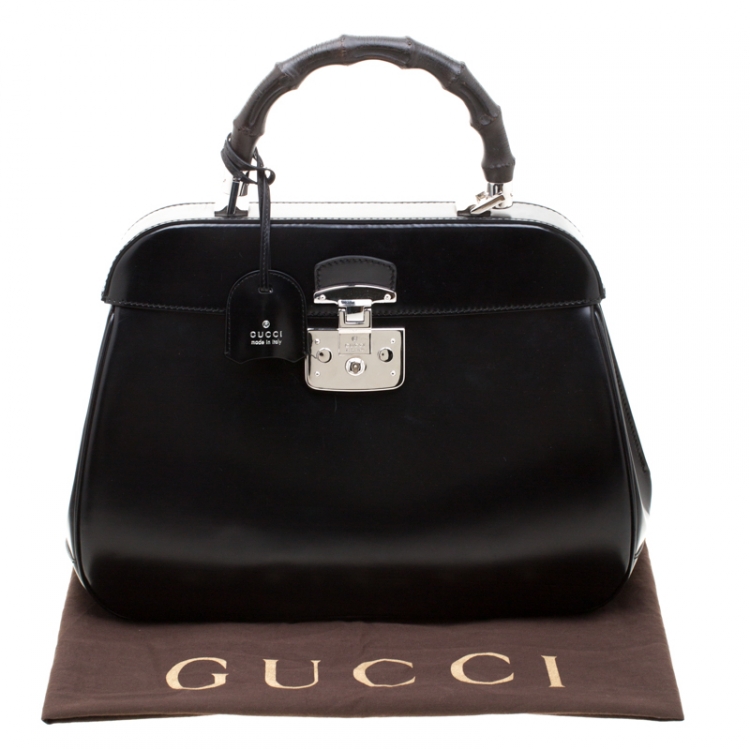 Pre Owned Gucci Black Patent Leather Lady Lock Bamboo Top Handle Bag