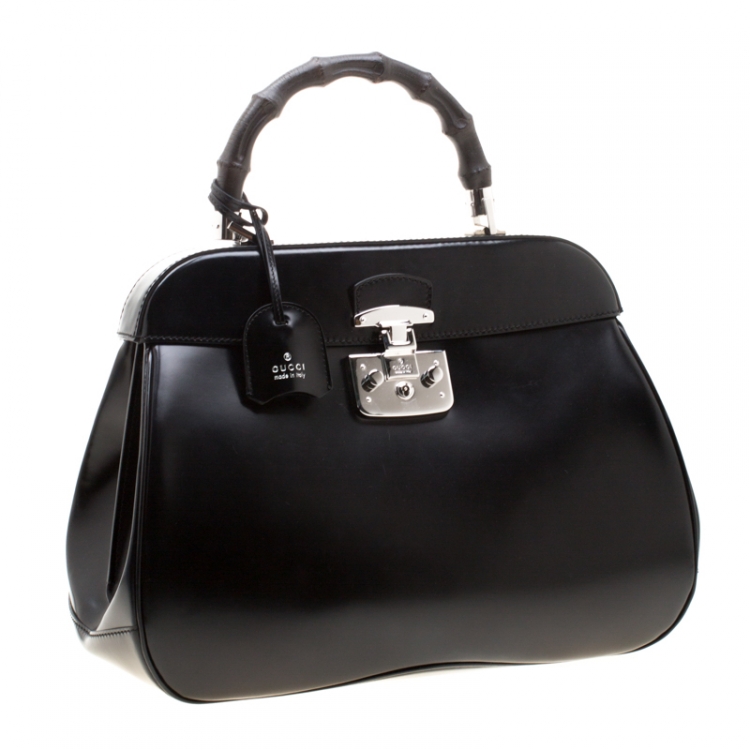 Pre Owned Gucci Black Patent Leather Lady Lock Bamboo Top Handle Bag