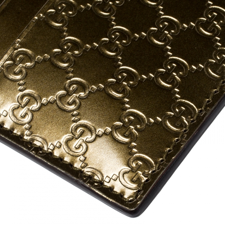 Pre Owned Gucci Olive Green Microguccissima Patent Leather Card Holder